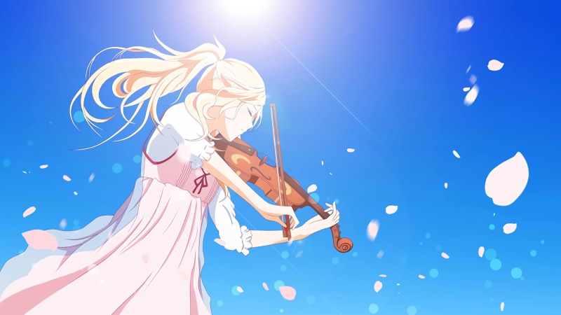 1080P, flying, females, blue background, emotion, low angle view, Shigatsu wa Kimi no Uso, adult, lifestyles, Miyazono Kaori, young adult, one person