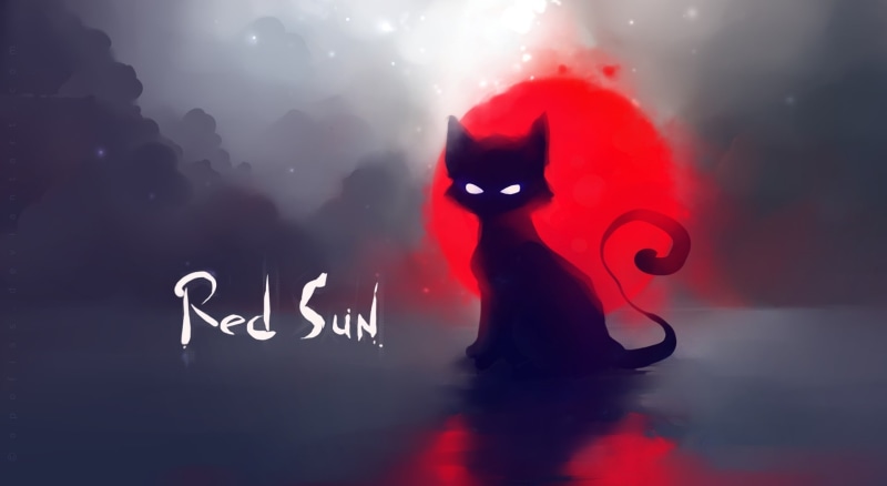 1080P, digital, night, Painting, sun, human representation, illuminated, cat painting, Cute, cat, red, red sun, Artistic, Kitty, reflection