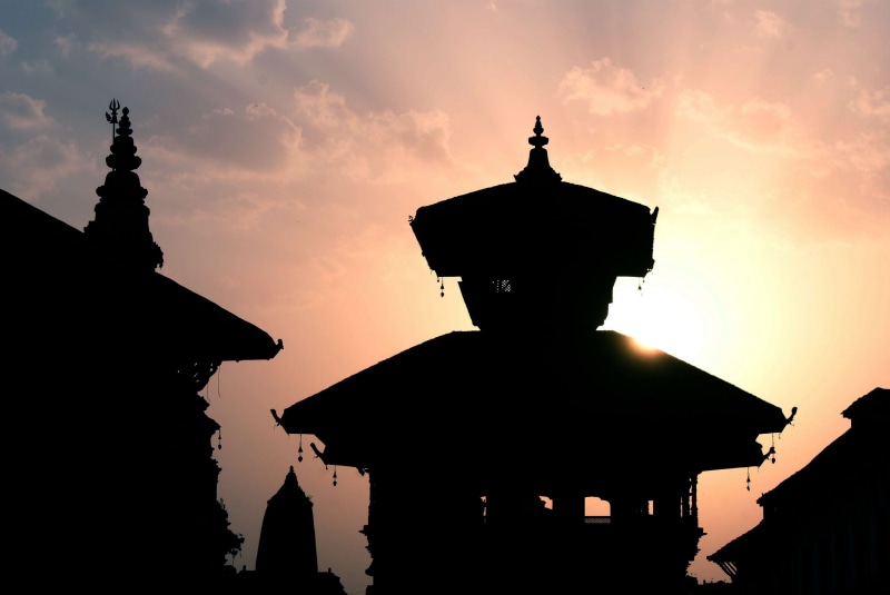 cloud - sky, built structure, belief, architecture, orange color, spirituality, nature, sunset, no people, temple, nepal, religion, building, outdoors