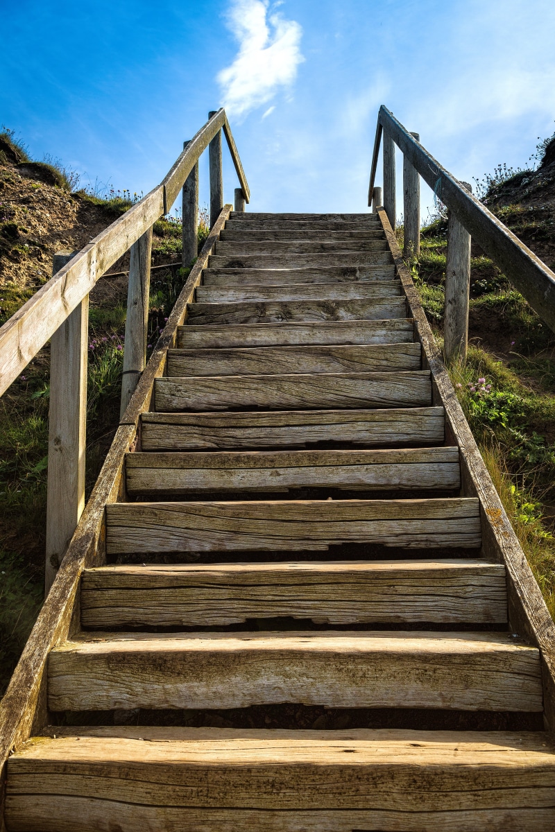 rise, wood, stair step, the way forward, day, staircase, white, sky, brown, wood - material, gradually, wooden, cloudy, sunlight, 5K, away, railing, architecture