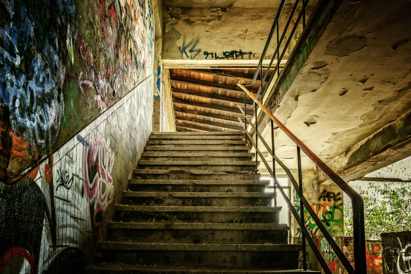 graffiti, direction, day, architecture, high angle view, damaged, the way forward, concrete, gradually, ailing, ruined, 5K, indoors, leave, decay, basement