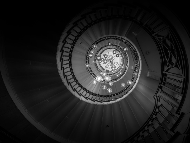 low angle view, gradually, architecture, ceiling, illuminated, directly below, emergence, interior design, building, spiral, 4K, structure, stairs, no people
