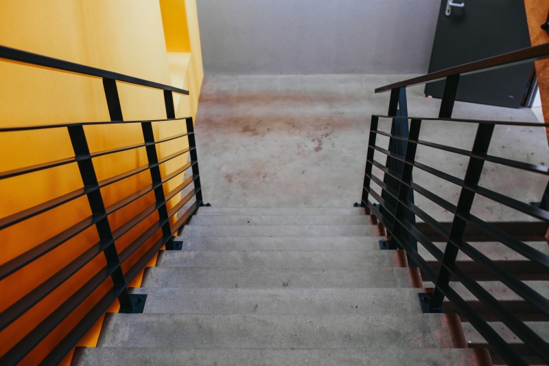yellow, day, 5K, Staircase, empty, stairs, writings, architecture And Buildings, exit, wall, stairway, direction, seat, steps, steps and staircases, high angle view