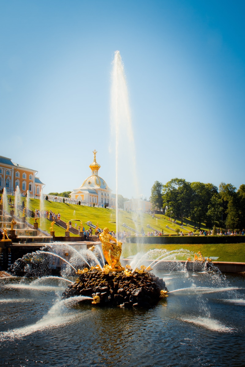 clear sky, building, water, art, fountain, waterfront, spraying, flowing water, saint petersburg, gold, palace, travel, no people, Peterhof, travel destinations