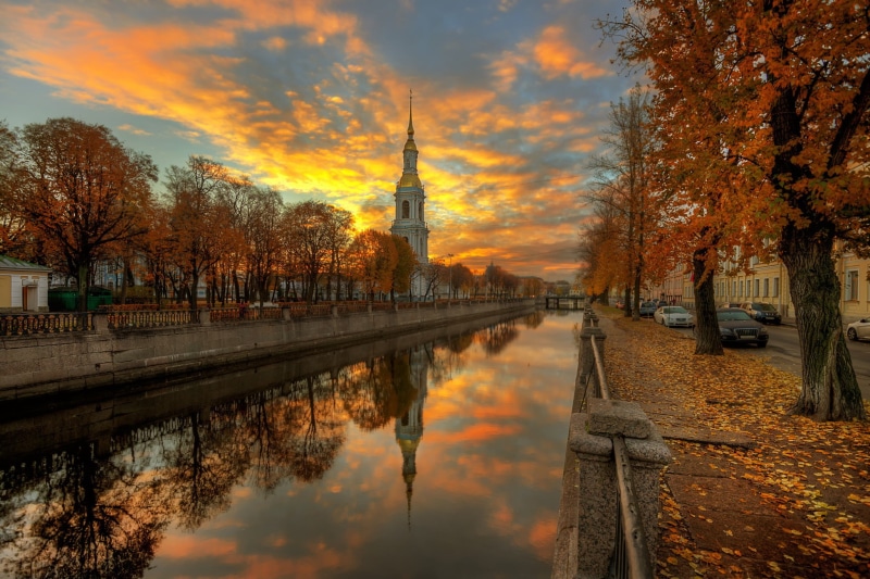 golden, autumn, 1080P, hour, st, petersburg, St. Petersburg, clouds, reflection