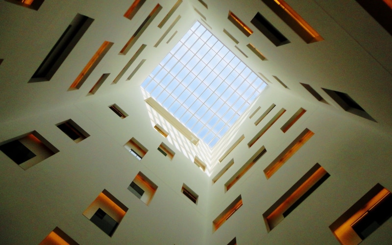 directly below, no people, city, indoors, design, sunlight, pattern, architecture, window, modern, building, sky, lighting equipment, 1080P, built structure