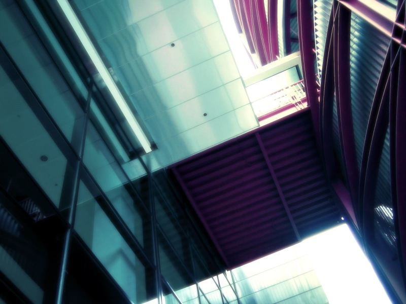 sky, modern, window, office building exterior, office, built structure, 720P, reflection, outdoors, building, sunlight, business, directly below, city