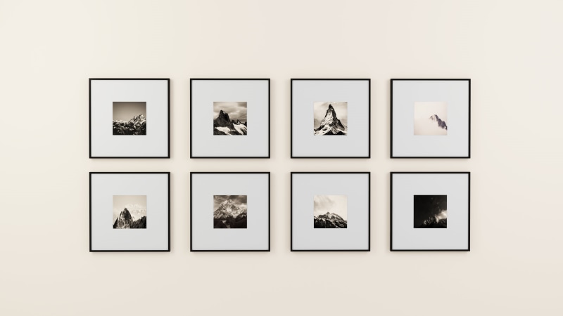 exhibition, pattern, paintings, variation, studio shot, white background, display, mountains, side by side, museum, retro, art, large group of objects
