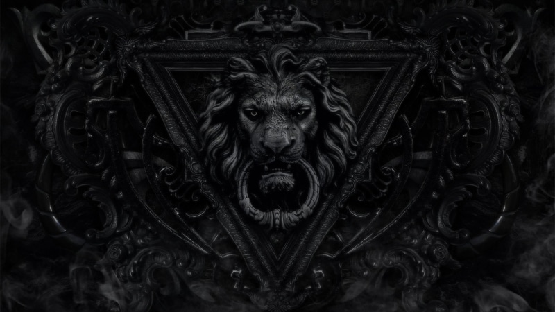 dark, monochrome, face, decorations, triangle, door, 1080P, lion, metal, digital art, Gothic