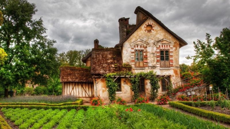 old building, nature, architecture, garden, house, HDR, trees, building, door, clouds, France, 1080P, window, chimneys, flowers, stairs, plants