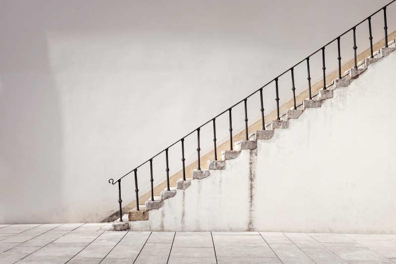 simplicity, wall - building feature, empty, day, steel, staircase, fog, no people, footpath, sky, concrete, step, minimal, boundary, building, minimalist