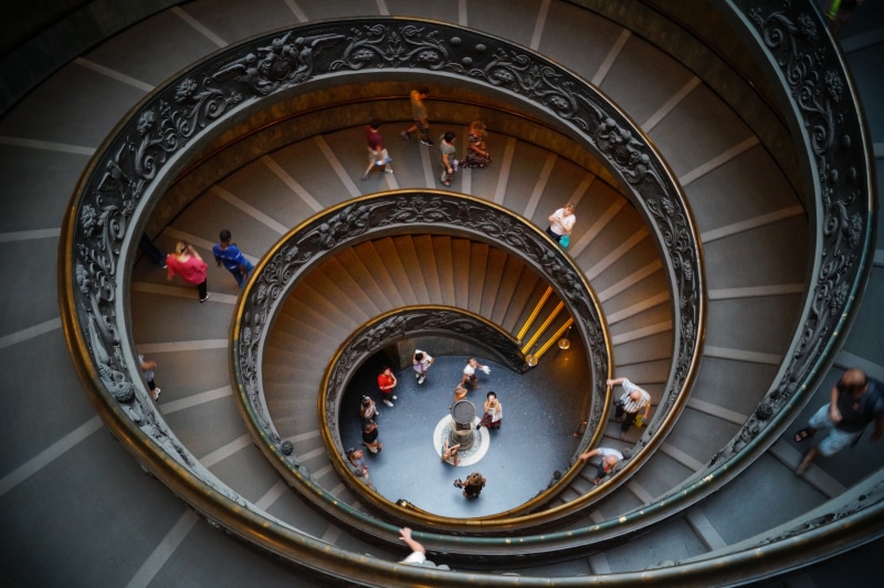 group of people, Museum, museum, spiral, railing, built structure, the vatican, indoors, steps, steps and staircases, real people, architecture, spiral staircase