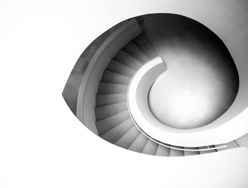 geometric shape, no people, 4K, design, building, railing, low angle view, three-dimensional Shape, circle, steps and staircases, pattern, built structure