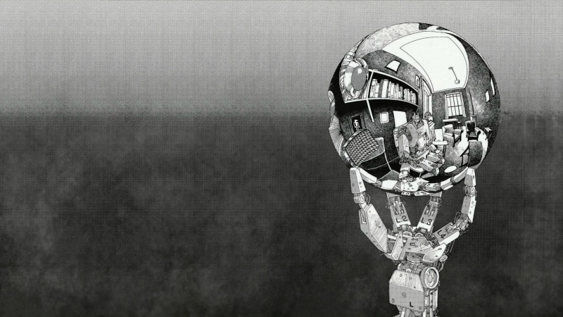 M. C. Escher, reflection, monochrome, 1080P, robot, sphere