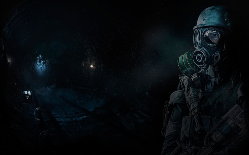 weapon, metro 2033 redux, night, technology, dark, conflict, gas mask, military, 1080P, arts culture and entertainment, architecture, mask, communication
