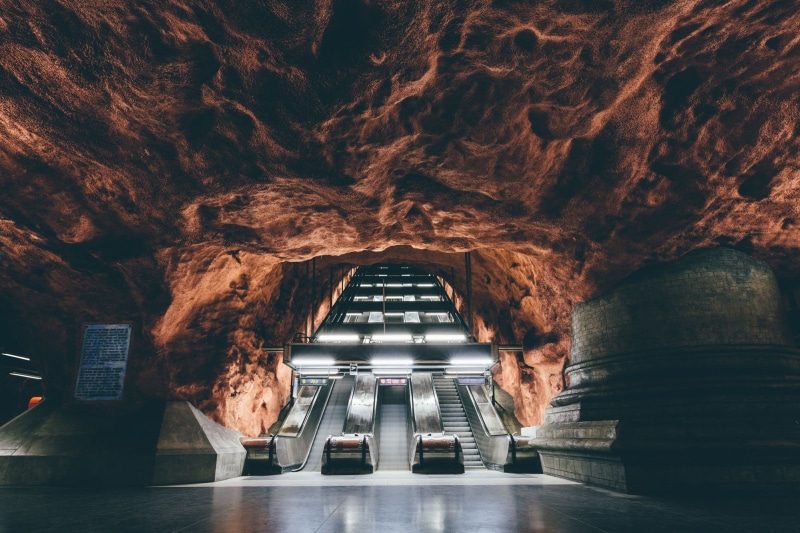 rock formation, underground, rock, Sweden, 1080P, escalator, subway, Stockholm