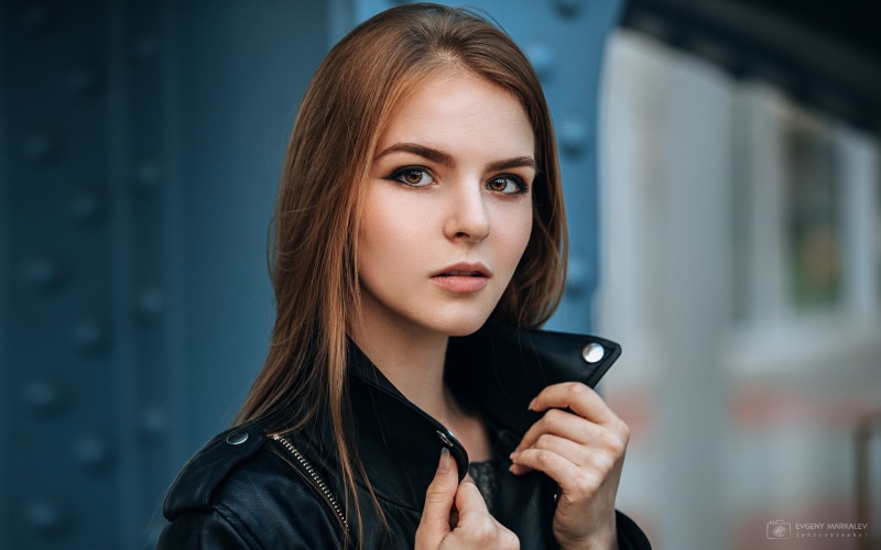 Vasilisa Sarovskaya, brown eyes, women outdoors, leather, Evgeny Markalev, face, women, looking at viewer, brunette, 1080P, model, open mouth, leather jackets