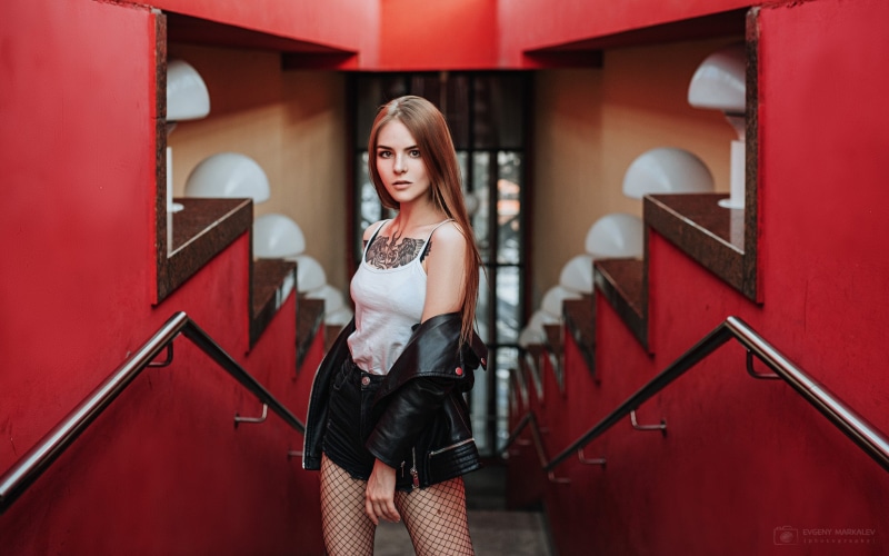 leather jackets, looking at viewer, brown eyes, jean shorts, 1080P, long hair, women, Evgeny Markalev, model, white tops, Vasilisa Sarovskaya, women indoors