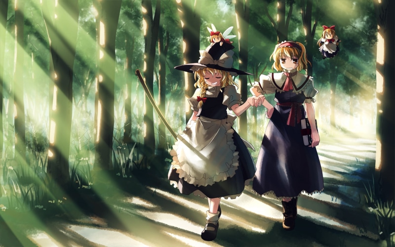 full length, disguise, mask, outdoors, people, clothing, mask - disguise, 1080P, two people, real people, women, holding, anime, shadow, anime girls, Touhou