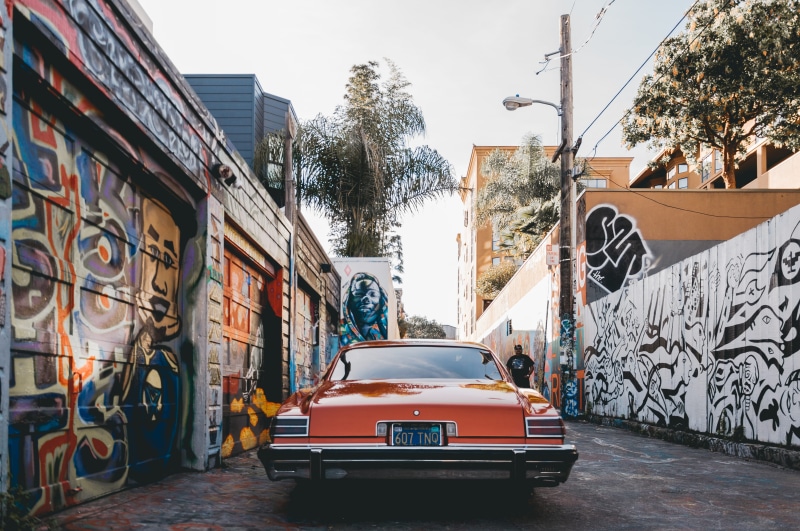transportation, painted, garage, wall, road, orange, graffiti, built structure, building, plant, san francisco, building exterior, car, door, urban, grafitti