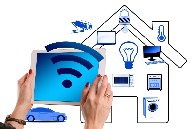connection, one person, tv, sign, washing machine, human body part, smartphone, programming interface, house, heating, blue, auto, wlan, finger, isolated