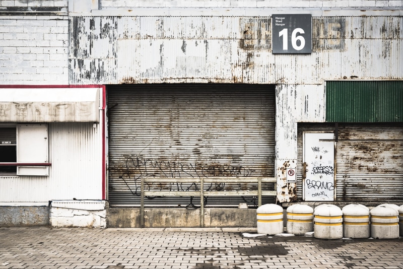 outdoors, doors, no people, script, 1080P, communication, steel, white, city, roll, western script, building, abandoned building, abandoned, sign, text