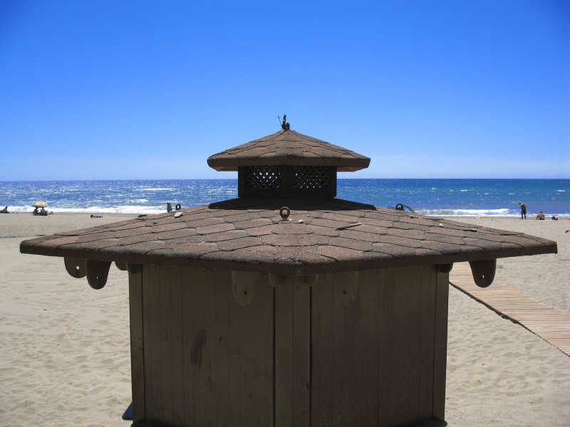 horizon, beach, horizon over water, scenics - nature, water, kiosk, clear sky, estepona, land, built structure, blue, architecture, no people, sky, day