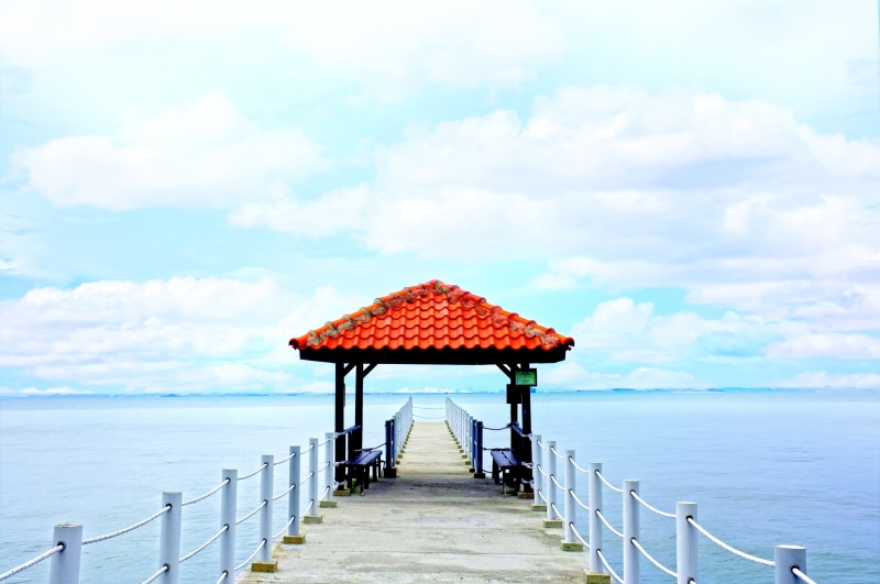 4K, clouds, water, no people, summer, sea, dock, tranquil scene, daytime, the way forward, kiosk, beach, scenics - nature, outdoors, red, gazebo, built structure