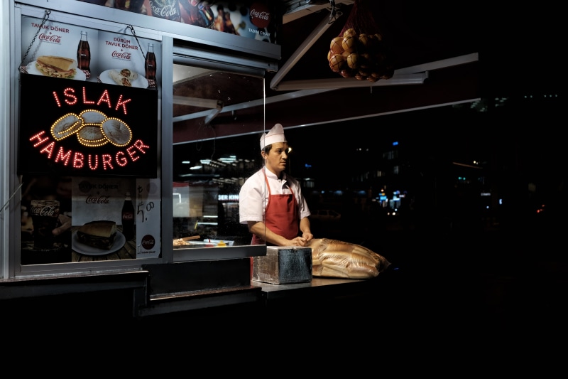 business, city, gray, working, store, night, one person, small business, food and drink industry, bakery, stall, food and drink establishment, male, urban