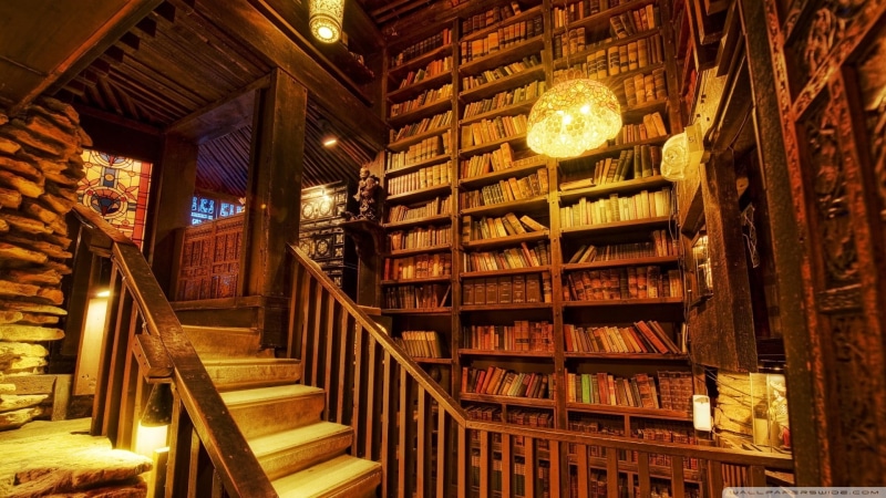 no people, shelf, bookshelf, staircase, built structure, wood - material, brown, publication, book, building, wooden, steps and staircases, large group of objects