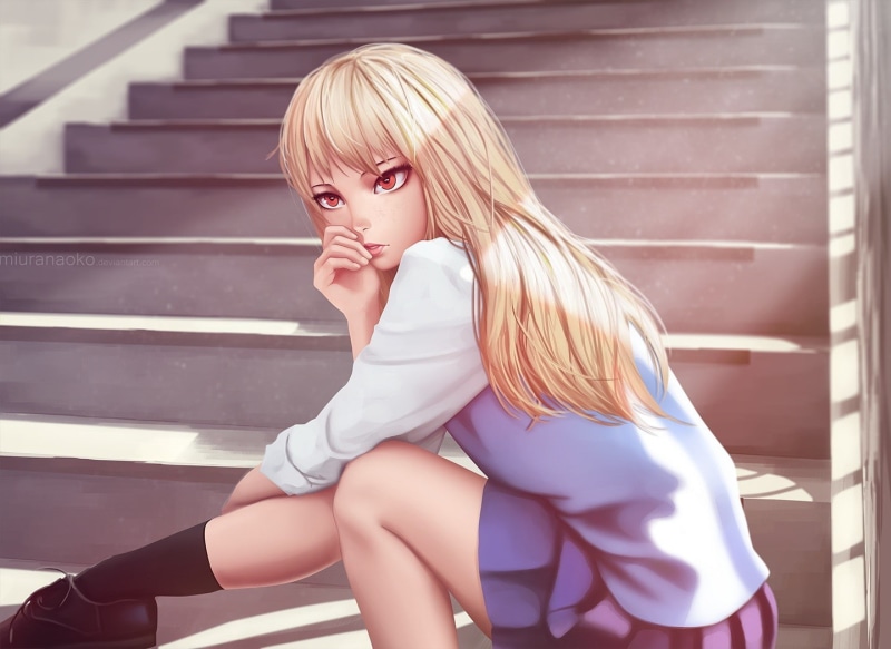 hairstyle, beautiful woman, architecture, skirt, outdoors, real people, one person, staircase, Shiina Mashiro, leisure activity, young adult, contemplation