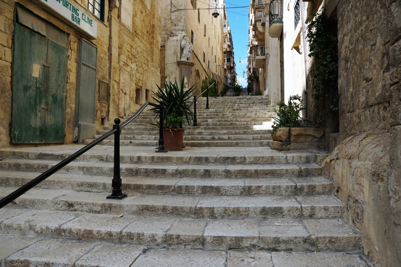 architecture, no people, low angle view, history, emergence, direction, street, railing, outdoors, europe, Valetta, gradually, old, building Exterior, built Structure