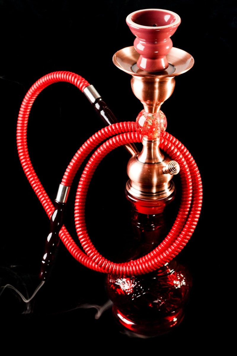 relaxation, no people, hookah, pipe, sign, egyptian, black background, smoke, metal, food and drink, shape, control, glowing, studio shot, red, black color