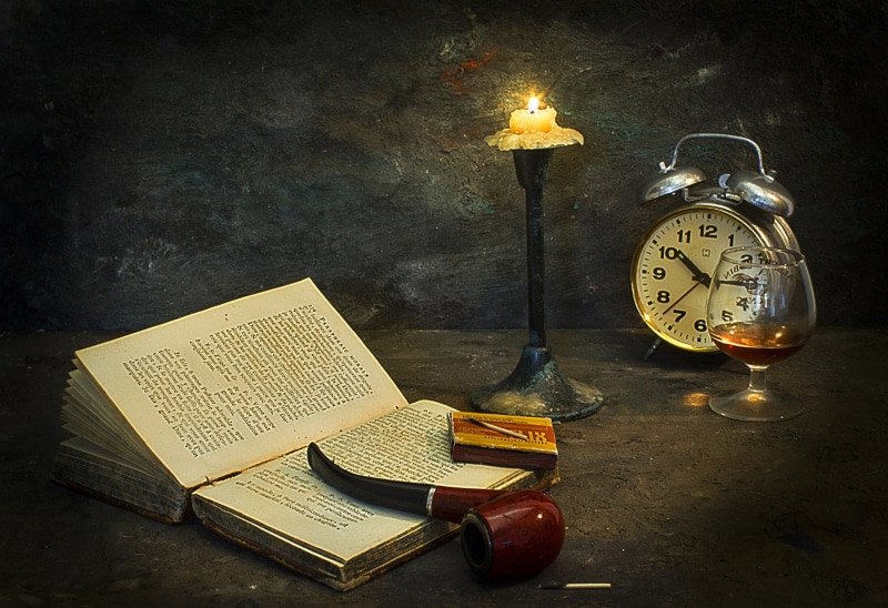 Mostapha Merab Samii, book, alarm clock, watch, tube, tobacco, glass, 1080P, style, cognac, matches, candle, painmting, photo