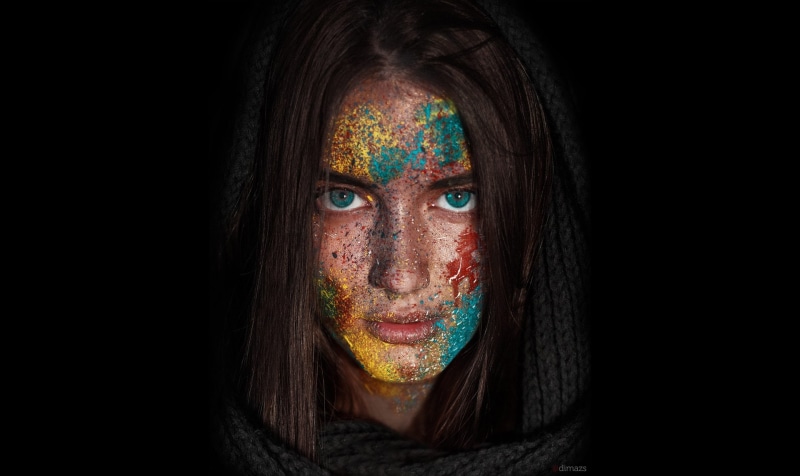 simple background, portrait, face, dirty, 1080P, makeup, Dim Khokhlov, women, brunette, blue eyes, scarf