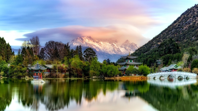 town, park, 4K, mountain, reflection, snow mountain, lake, yun nam, lijiang, china, jade dragon snow mountain