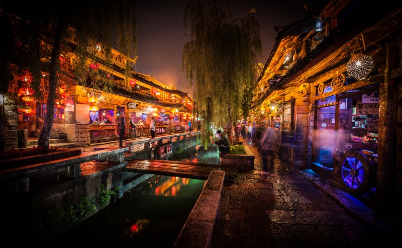 large group of people, architecture, transportation, illuminated, nightlife, village, lijiang, reflection, motion, Night, nature, blurred motion, long exposure