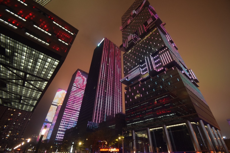 tall - high, road, night, office building, building exterior, office building exterior, modern, city life, neon, banister, shenzhen, intersection, architecture