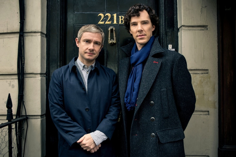 portrait, door, looking At Camera, smiling, city, season 3, serious, 221b baker street, sherlock, screenshot, street, males, fashion, manhattan - New York City