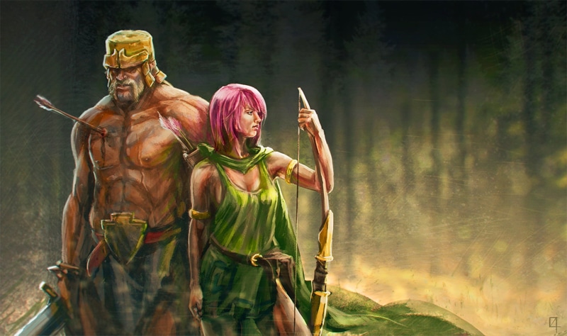 day, activity, mature men, domestic animals, 1080P, hd, adult, people, tree, forest, supercell, standing, barbarian, nature, men, plant, games, lake, archer