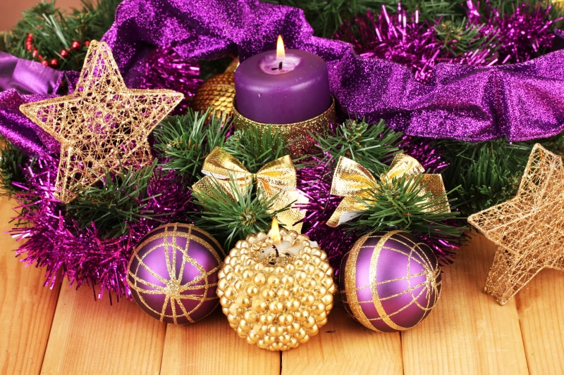 purple, gold, stars, ornate, christmas Decoration, close-up, tape, tree, decoration, white, flower, sphere, christmas Ornament, fir Tree, pine Tree, shiny