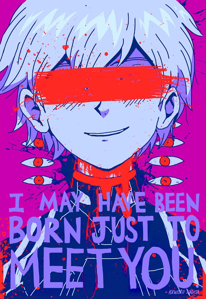 Nagisa Kaworu, text, OMOCAT, paint splatter, blushing, censored, profile, anime, Neon Genesis Evangelion, smiling, anime boys, 2D, bangs, plugsuit, vertical