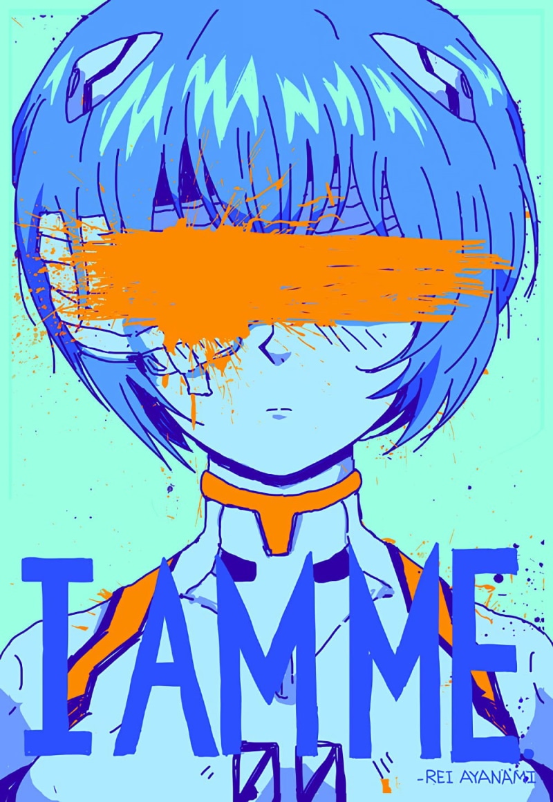 solo, Neon Genesis Evangelion, motivational, OMOCAT, plugsuit, vertical, simple background, fan art, censored, text, paint splatter, blue hair, 2D, anime