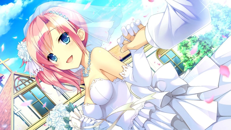 miyako, petals, 720P, bow, eyes, necklace, koba, hair, saku, koi, short, clouds, game, tree, dress, yakusoku, eri, censored, sky, headdress, annaffiare blue