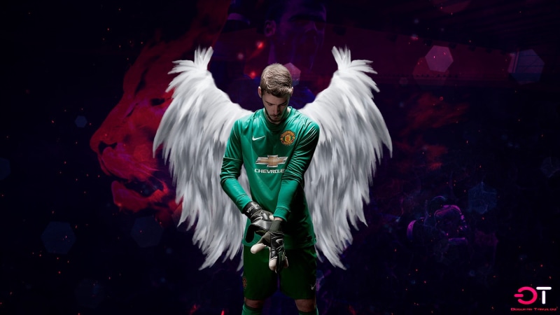 David de Gea, black background, angel, limb, motion, one person, arms raised, digital composite, young adult, V2, multi colored, human limb, studio shot