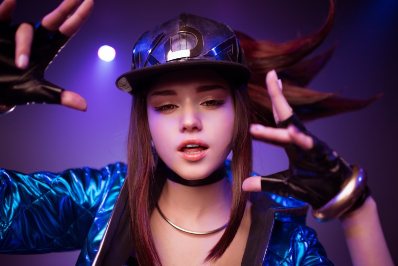 Shirogane Sama, open mouth, parted lips, indoors, League of Legends, women indoors, Akali(League of Legends), brunette, looking at viewer, women, 5K, Akali