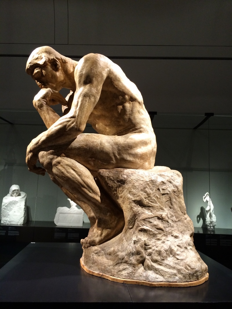 art and craft, canine, museum, domestic animals, craft, indoors, metal, no people, the thinker, gallery, male likeness, art exhibition, dog, thinker, auguste rodin