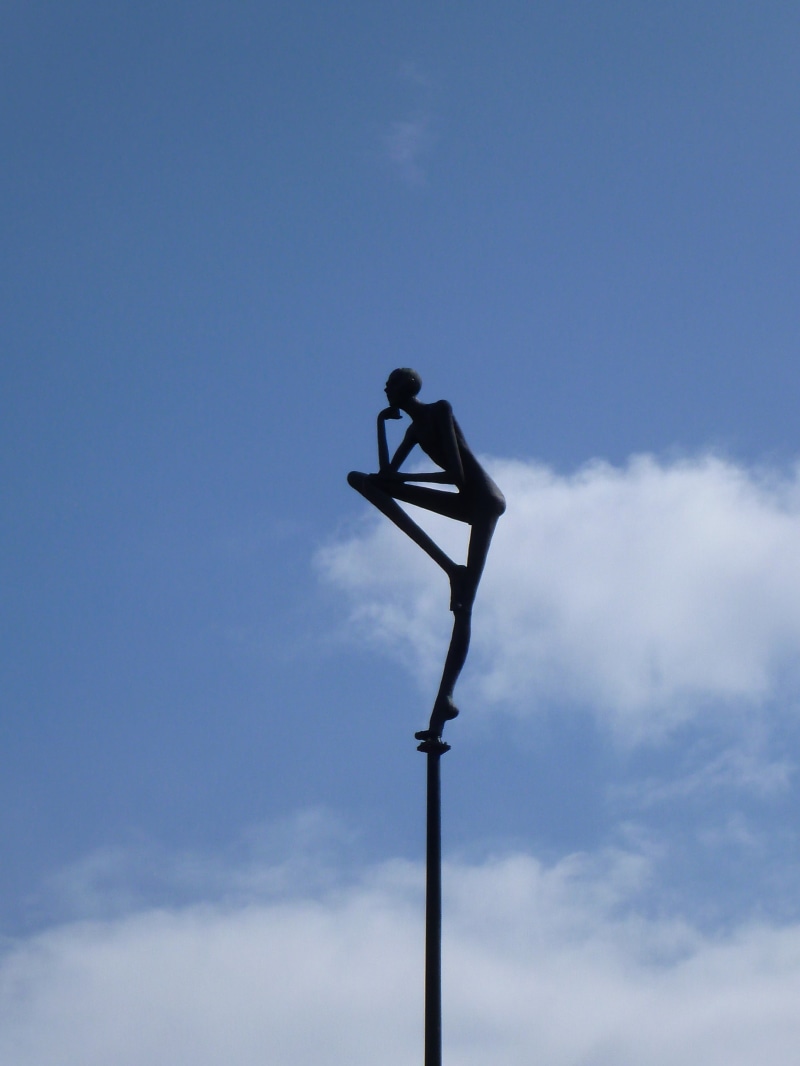 low angle view, art, safety, direction, blue, cloud - sky, 4K, no people, day, contemplation, pole, artwork, silhouette, copenhagen, nature, technology