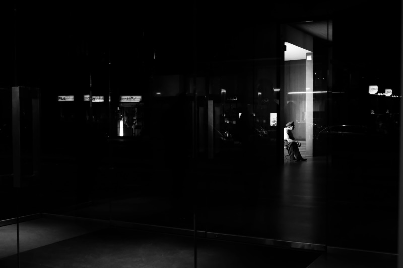 built structure, pensatore, flooring, waiting, minimal, 5K, silhouette, city, night, light, man, walking, public transportation, one person, shadow, door