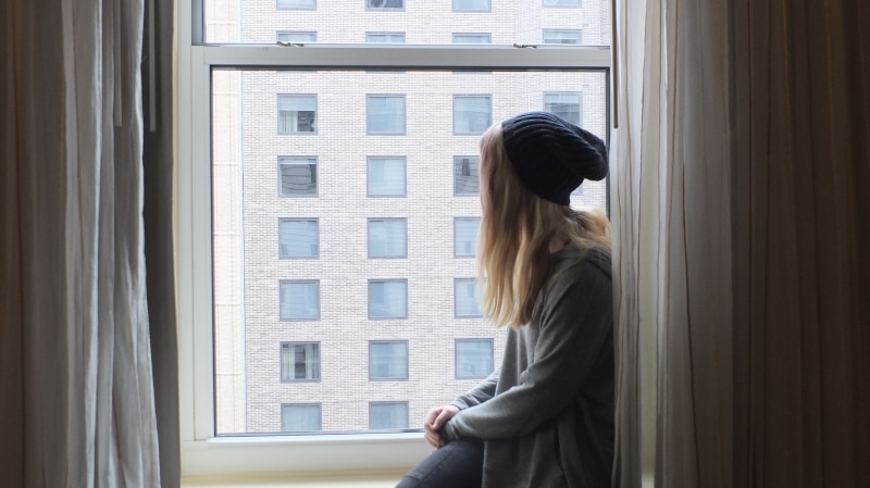 anticipation, women, young women, wearing, contemplation, females, think, curtain, window, hair, adult, thinker, indoors, people, long hair, young adult
